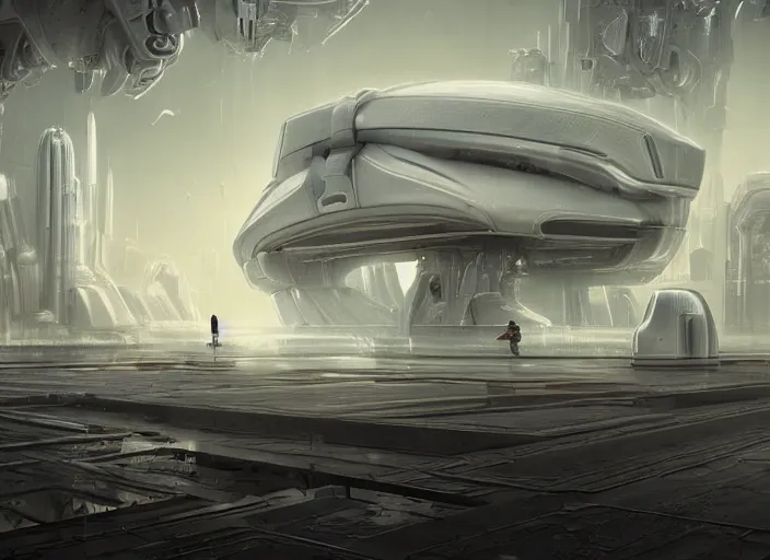 Image similar to cult of technology, exterior, scifi, temple, machines, robots, ultra realistic, transparent labs, metallic surface, highly detailed, white, futuristic landscape, city, utopian architecture, atmosphere, masterpiece, portals, epic lighting, glow, mysterious, 4 k, cinematic, art by patryk olkiewicz and chris ostrowski and liang yao