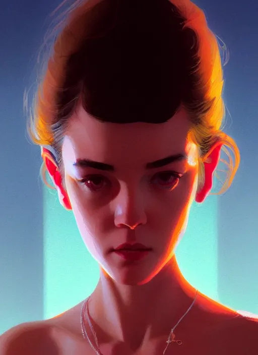 Image similar to a close up portrait film still of a depressed stunning actress from a 1 9 7 0 s italian pulp fiction film looking seriously at the camera lense. by stephen bliss, greg rutkowski, loish, rhads, makoto shinkai and lois van baarle, ilya kuvshinov, rossdraws, global illumination, ultra ornate detail