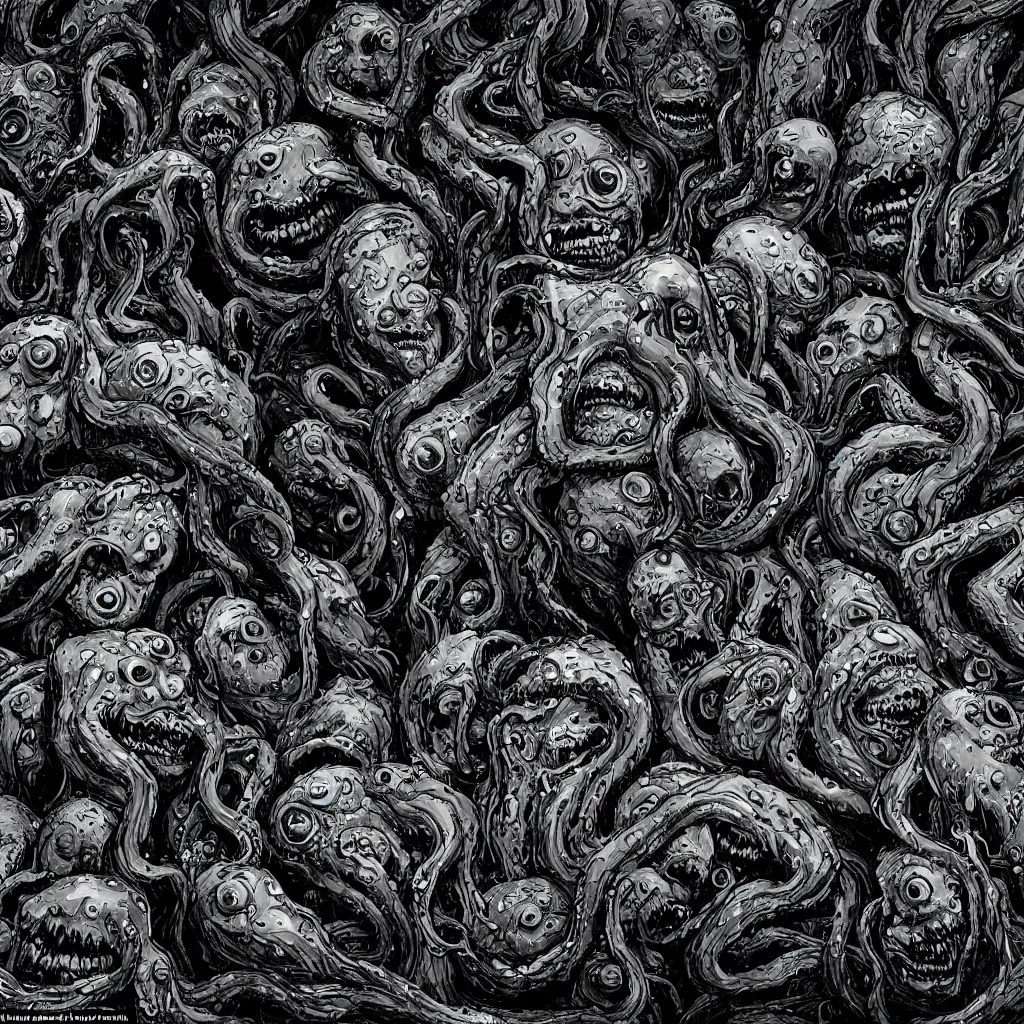 Image similar to a monsters made from dark oily gelatinous substance, vague tentacles, with hundreds of faces just below the surface, covered in human eyes