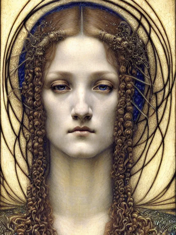 Image similar to detailed realistic beautiful young medieval queen face portrait by jean delville, gustave dore and marco mazzoni, art nouveau, symbolist, visionary, gothic, pre - raphaelite. horizontal symmetry