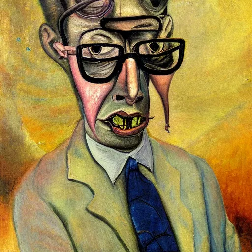 Prompt: a painting of a man with glasses on his face, a surrealist painting by william dobell, behance contest winner, analytical art, academic art, surrealist, oil on canvas