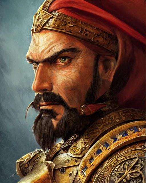 Prompt: digital painting of a warrior hernan cortes by filipe pagliuso and justin gerard, symmetric, fantasy, detailed, intricate, portrait, sharp focus, tarot card, handsome