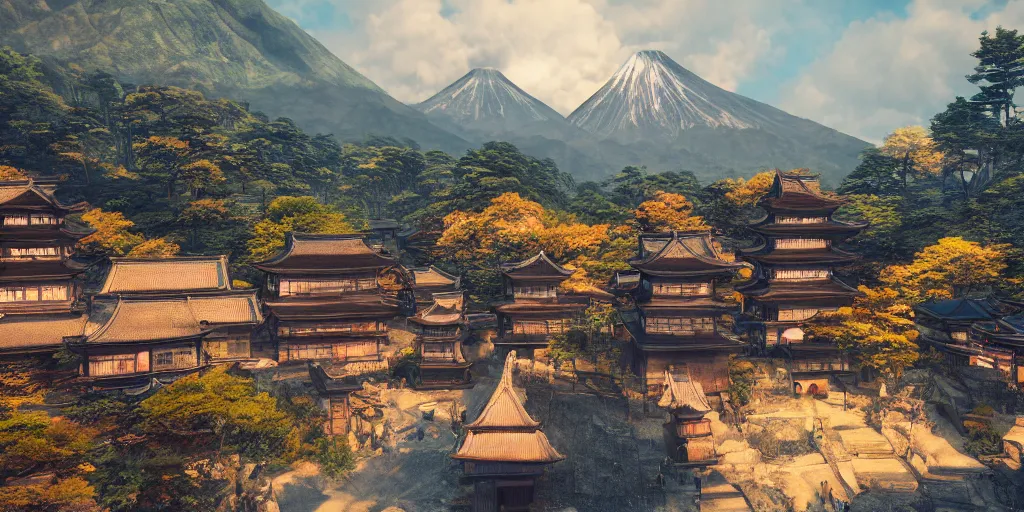 Prompt: a powerful japanese village high in mountains, volcano, concept art, fantastic landscape, unreal engine 5 render, 8 k
