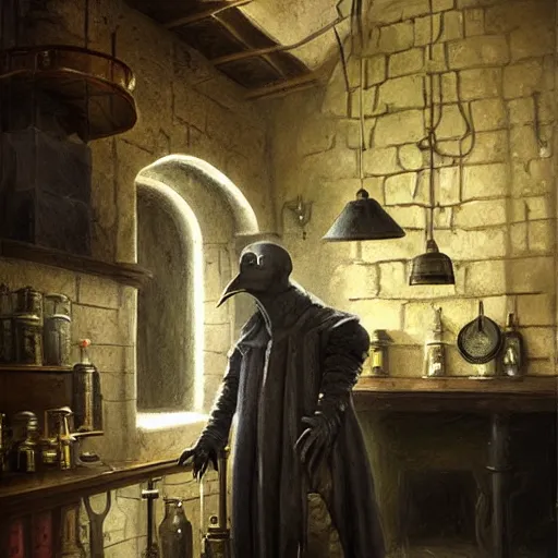 Image similar to plague doctor working in medieval apothecary, beak, gloves, magical alchemy laboratory, oil painting, by Greg Rutkowski