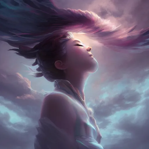 Prompt: beautiful goddess of wind aloft in a storm cloud, 8k resolution matte fantasy painting, moody cinematic lighting, DeviantArt Artstation, by Ross Tran