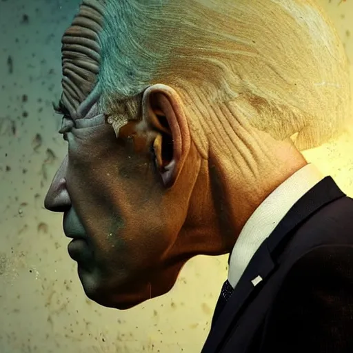 Image similar to hyperrealistic mixed media high resolution image of Joe Biden being torn asunder into a small orifice by an immense invisible gravitational force, stunning 3d render inspired art by István Sándorfi and Greg Rutkowski and Unreal Engine, perfect symmetry, dim volumetric lighting, 8k octane beautifully detailed render, post-processing, extremely hyper-detailed, intricate, epic composition, highly detailed attributes, highly detailed atmosphere, cinematic lighting, masterpiece, trending on artstation, very very detailed, masterpiece, stunning, flawless structure, lifelike texture, perfection,