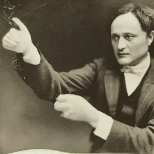 Prompt: Harry Houdini struggles to pull his fingers out of a Chinese-finger-trap wet-plate photograph bad magician