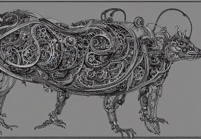 Image similar to spacious schematic blueprint of highly detailed ornate filigreed convoluted ornamented elaborate cybernetic rat standing in a white void, full body, character design, inside frame, art by da vinci