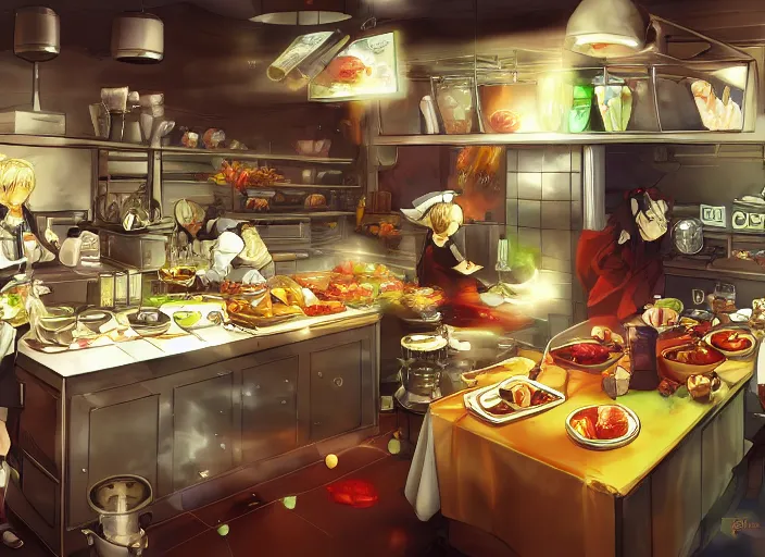 Image similar to chef's kitchen, intricate cluttered visual novel background, busy, shiny, painterly, professional, trending on pixiv