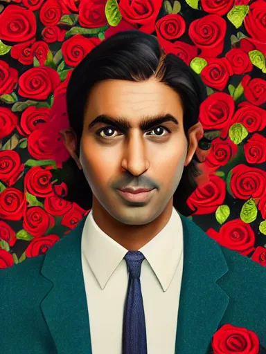 Prompt: artwork by Wes Anderson, Wes Anderson and Wes Anderson, of a solo individual portrait of an Indian guy with roses roses, dapper, simple illustration, domestic, nostalgic, full of details, by Wes Anderson and Wes Anderson, wes anderson, wes anderson, wes anderson, wes anderson, wes anderson, Matte painting, trending on artstation and unreal engine