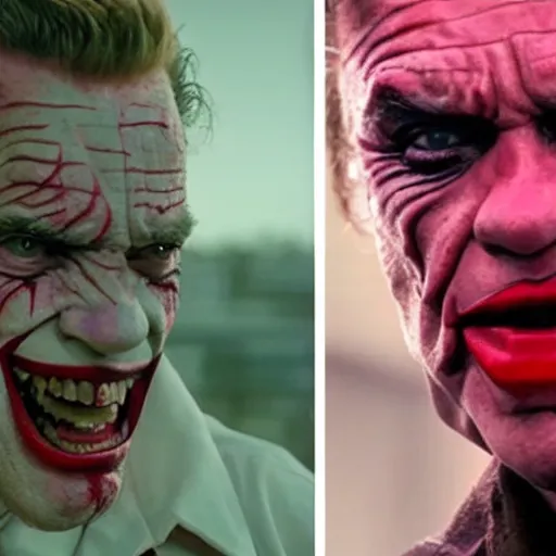 Image similar to awe inspiring Arnold Schwarzenegger as The Joker 8k hdr movie still dynamic colorful lighting