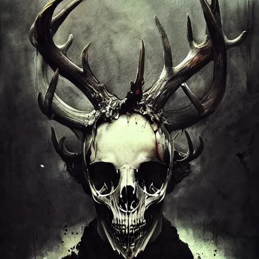 Image similar to lehsen with deer skull deer antlers by emil melmoth zdzislaw belsinki craig mullins yoji shinkawa realistic render ominous detailed photo atmospheric by jeremy mann francis bacon and agnes cecile ink drips paint smears digital glitches glitchart