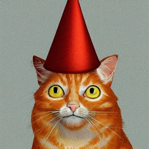 Image similar to orange tabby cat wearing a dunce cap, fantasy illustration