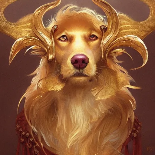 Image similar to a golden furry dog with horns and wings, bleeding, D&D, fantasy, intricate, elegant, highly detailed, digital painting, artstation, concept art, smooth, sharp focus, illustration, art by artgerm and greg rutkowski and alphonse mucha