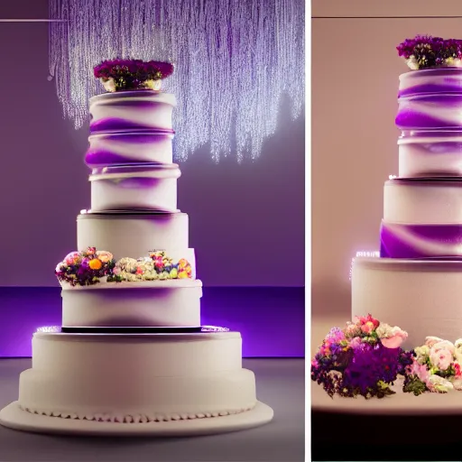 Prompt: a 3 meters-high wedding cake made only of purple tomatoes, beautfiul lighting, cinematic, style of blade runner 2049, hyper detailed, ultra realistic, 8k, trending on art station