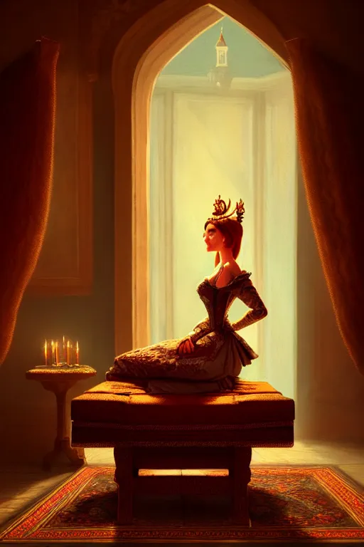 Prompt: insanely detailed painting of a beautiful lady in a castle on an ottoman, in the style of peter morbacher, dramatic lighting and composition, octane rendering, pixar, trends on artstation, concept art