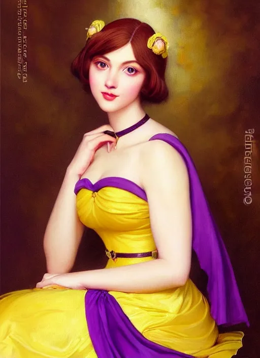 Image similar to princess peach, brown hair, bob cut, yellow highlights, bright purple ball gown, beautiful face, oil on canvas, art station, beautiful brown eyes, by j. c. leyendecker and edmund blair leighton and charlie bowater, beautiful face, octane, very aesthetic, stunning beautiful brown eyes