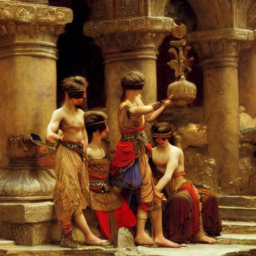 Prompt: orientalist painting of a group of adventurers in a sandstone ruin dungeons and dragons intricate artwork by john william waterhouse and Edwin Longsden Long and Theodore Ralli and Henryk Siemiradzki. high detail 8k