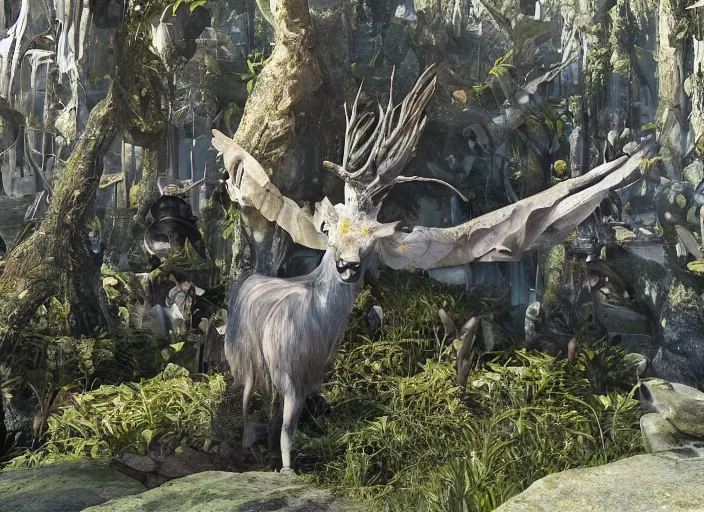 Image similar to intricate goat from overlord anime, on the background of a weird magical mechanical forest. Very detailed 8k. Fantasy cyberpunk horror. Sharp. Cinematic post-processing