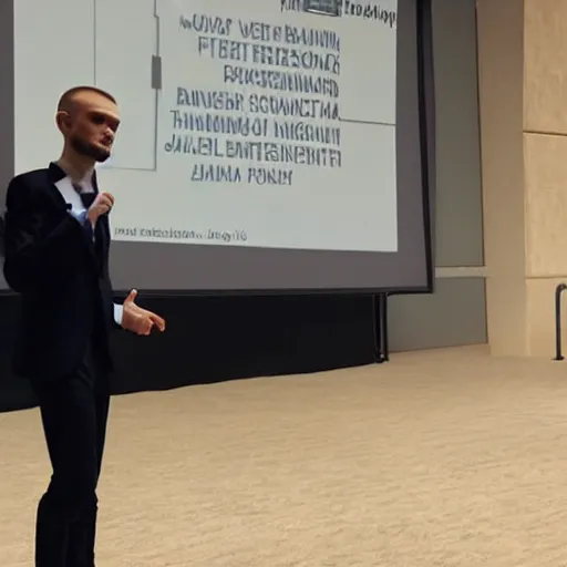 Prompt: gigachad vitalik buterin wearing a suit presenting at a conference