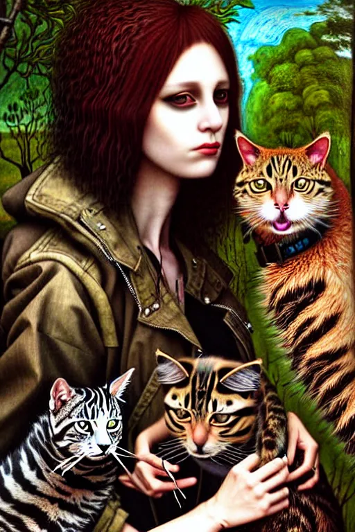 Image similar to punk rock girls making selfie with cats in jungle , mad max jacket, post apocalyptic, renaissance, highly detailed, digital painting, oil painting by Leonardo Da Vinci, hyper realistic style, fantasy by Olga Fedorova