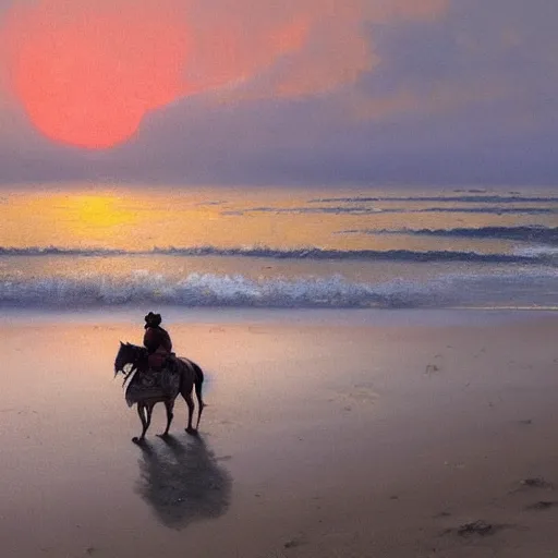 Image similar to baby yoda riding a horse on the beach at sunset by greg rutkowski