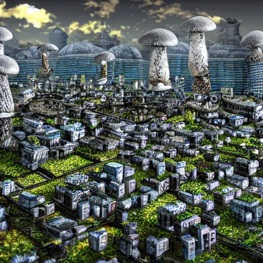 Image similar to city made out of mushroom housing, realistic, hdr, hdd, clear image,