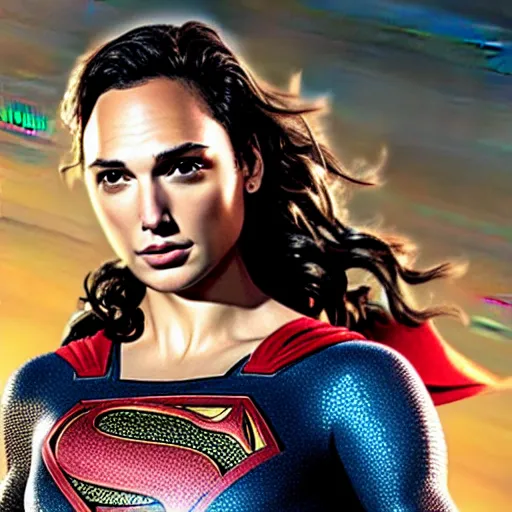 Prompt: an potrait of gal gadot wearing Henry Cavill Superman suit, photorealistic, high detail, photo studio, testing custom, 4k