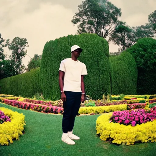 Prompt: a photo of tyler the creator standing in the middle of a garden, dramatic, ektachrome, vintage, wide angle, ultra - wide angle, warm color palette, light mode, 2. 5 - dimensional, 1 6 k, ultra - hd, megapixel, cga, rays of shimmering light, mist, screen space reflections