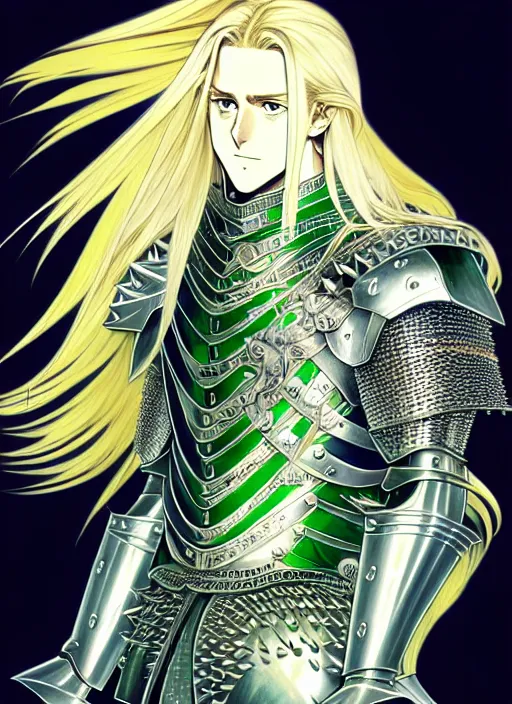 Image similar to a detailed manga full body portrait illustration of a man with long blonde hair and blue eyes wearing evil green spiked armour by hirohiko araki and alphonse mucha, detailed artwork, realism, 4 k resolution, detailed, high quality, sharp focus, hq artwork, insane detail, volumetric lighting, character concept art, fine details, clear subject, central subject