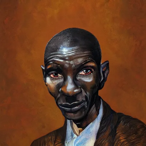 Image similar to a painting of a elegant, well fed, smooth-chinned, long nose, African old man with few eyebrows by Wangechi Mutu . thinker without facial hair, thoughtful, focused, visionary, calm, jovial, loving, fatherly, generous, . dramatic angle, ethereal lights, details, smooth, sharp focus, illustration, realistic, cinematic, artstation, award winning, rgb , unreal engine, octane render, cinematic light, macro, depth of field, blur, red light and clouds from the back, highly detailed epic cinematic concept art CG render made in Maya, Blender and Photoshop, octane render, excellent composition, dynamic dramatic cinematic lighting, aesthetic, very inspirational, arthouse.