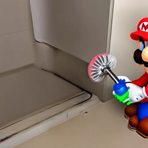 Image similar to super mario using a plunger to unclog a toilet