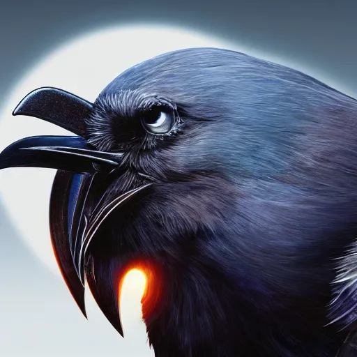 Image similar to halo 2 emblem depicting a raven with a halo, with professional lighting, concept art, matte painting, 8 k, highly detailed, artstation