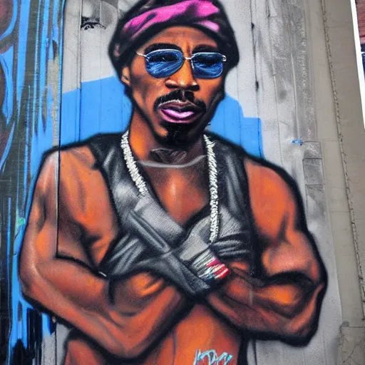 Prompt: 2Pac portrait graffiti side of Oakland freeway, The Black Panthers in the style of Digital underground, hyper realistic, high detail