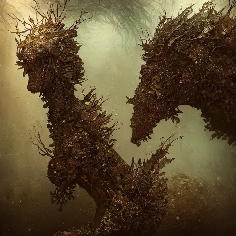 Image similar to dusty, underwater,!! bokeh, old tintype, realistic armoured tree made of leaves, dramatic light, dystopian environment, intricate, seahorse, elegant, highly detailed, headdress, artstation, sharp focus, artgerm, tomasz alen kopera, peter mohrbacher, donato giancola, boris vallejo, frank frazetta