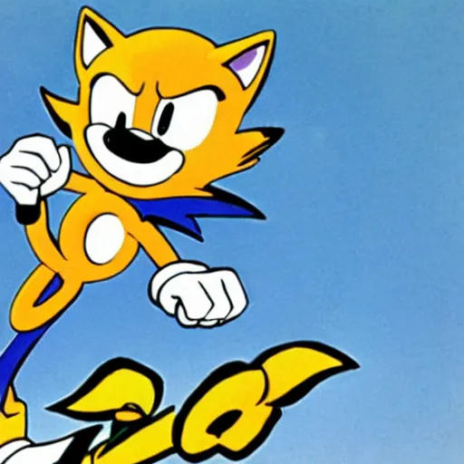 Prompt: a hanna barbera cartoon drawing of miles tails prower from sonic the hedgehog flying in the air