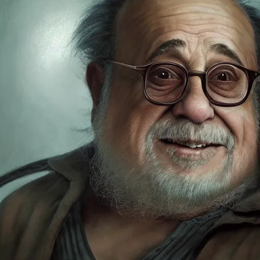 Image similar to hyperrealistic mixed media high resolution painting of Danny DeVito as Gandolf the White, stunning 3d render inspired art by István Sándorfi and Greg Rutkowski and Unreal Engine, perfect symmetry, dim volumetric lighting, 8k octane beautifully detailed render, post-processing, extremely hyper-detailed, intricate, epic composition, highly detailed attributes, highly detailed atmosphere, cinematic lighting, masterpiece, trending on artstation, very very detailed, masterpiece, stunning, flawless structure, lifelike texture, perfection,