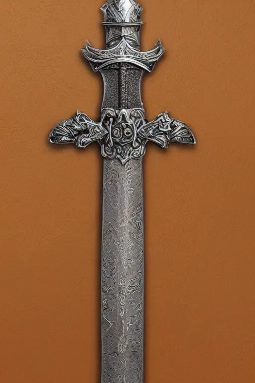 Image similar to sword of justice hanging on a wall, ornate gem in pommel, engraved blade, tip on a pillow