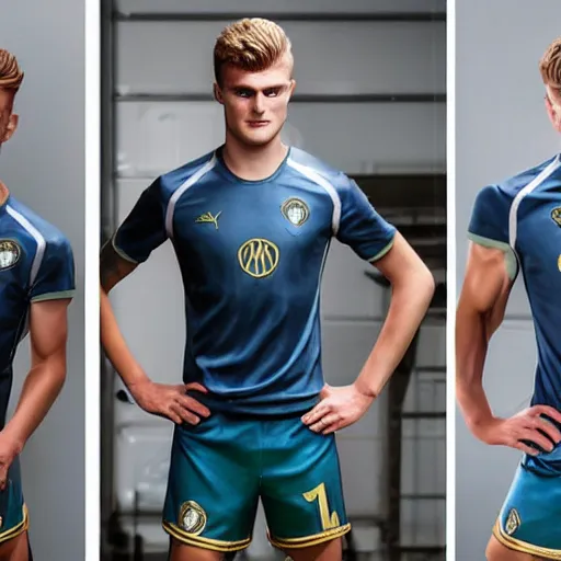 Image similar to a realistic detailed photo of a guy who is an attractive humanoid who is half robot and half humanoid, who is a male android, soccer players martin ødegaard & timo werner, shiny skin, posing like a statue, blank stare, in a factory, on display, showing off his muscles, gold soccer shorts, side view, looking at each other mindlessly