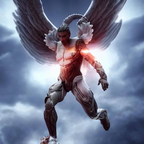 Image similar to cinematic full body shot of a male angel flying over hell, that's a beautiful stunning male angel, elegant pose, flying, detailed arms, streamlined white armor, two arms, two legs, detailed fanart, macro art, realistic digital art, DeviantArt, artstation, 3D realistic, 8k HD, octane render