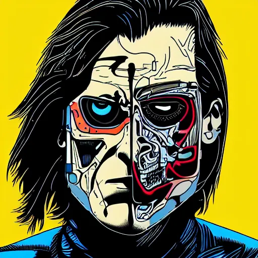 Image similar to close up portrait artwork of man with mullet, half face cyborg. From The Terminator 1984. Artwork by Dan Mumford