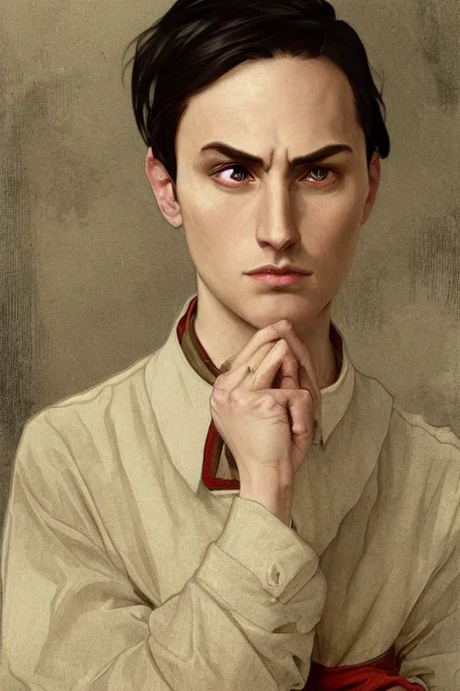 Image similar to cottagecore, man, Levi Ackerman, short hair, pointy nose, annoyed, wearing a maid outfit.elegant. highly detailed, digital painting, artstation, concept art, smooth, sharp, focus, illustration. art by artgerm and greg rutkowski alphonse mucha and Marat Safin