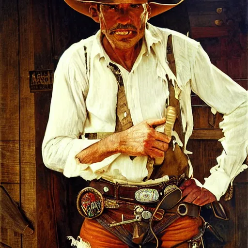 Prompt: a man, cowboy hat, portrait, cowboy movie character, wild west, fantasy, highly detailed, oil painting, illustration, art by Charles E. Chambers, J. C. Leyendecker and norman rockwell