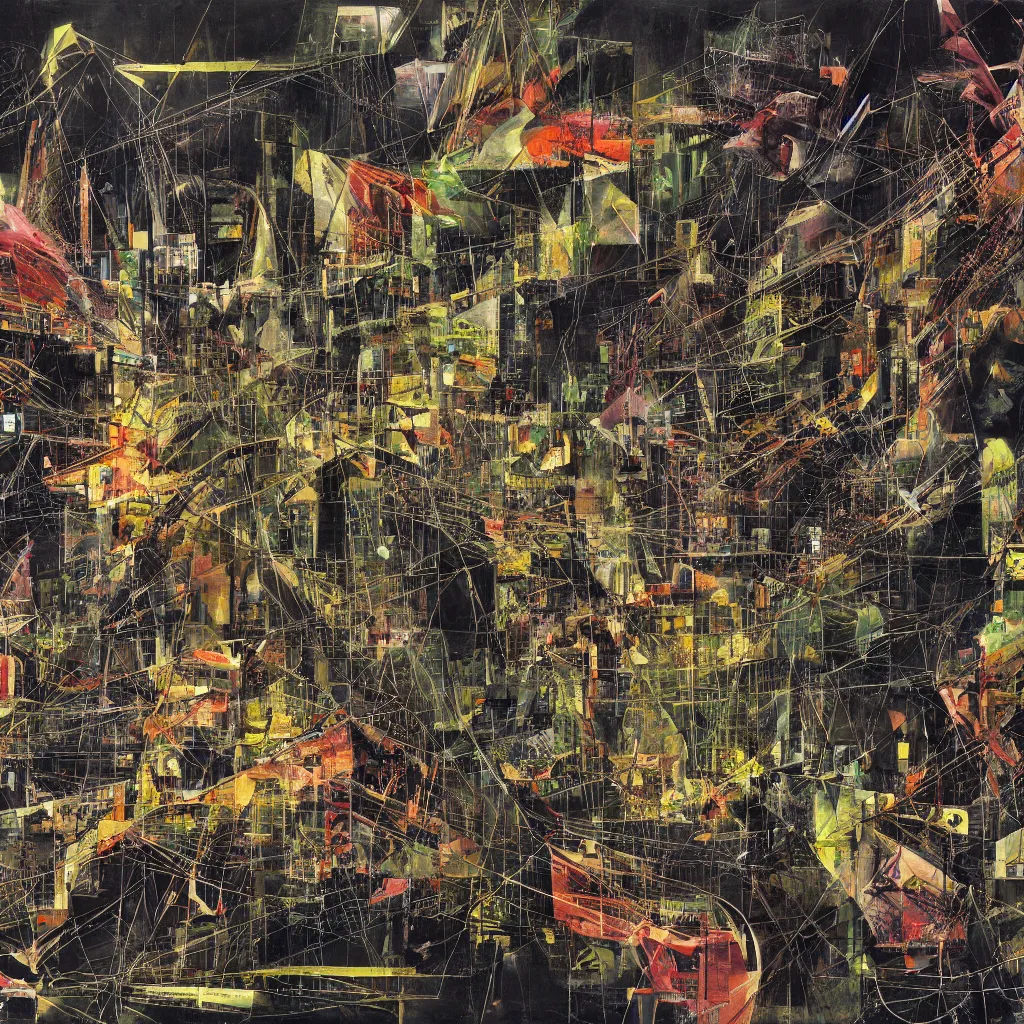 Image similar to digital birds fly over a progressively rasterized city of neon virtual networks and information visualization, oil on canvas by dave mckean and roberto matta