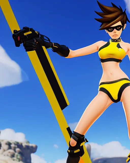 Image similar to tracer game character, in yellow bikini, blonde hair, black eyes, full height