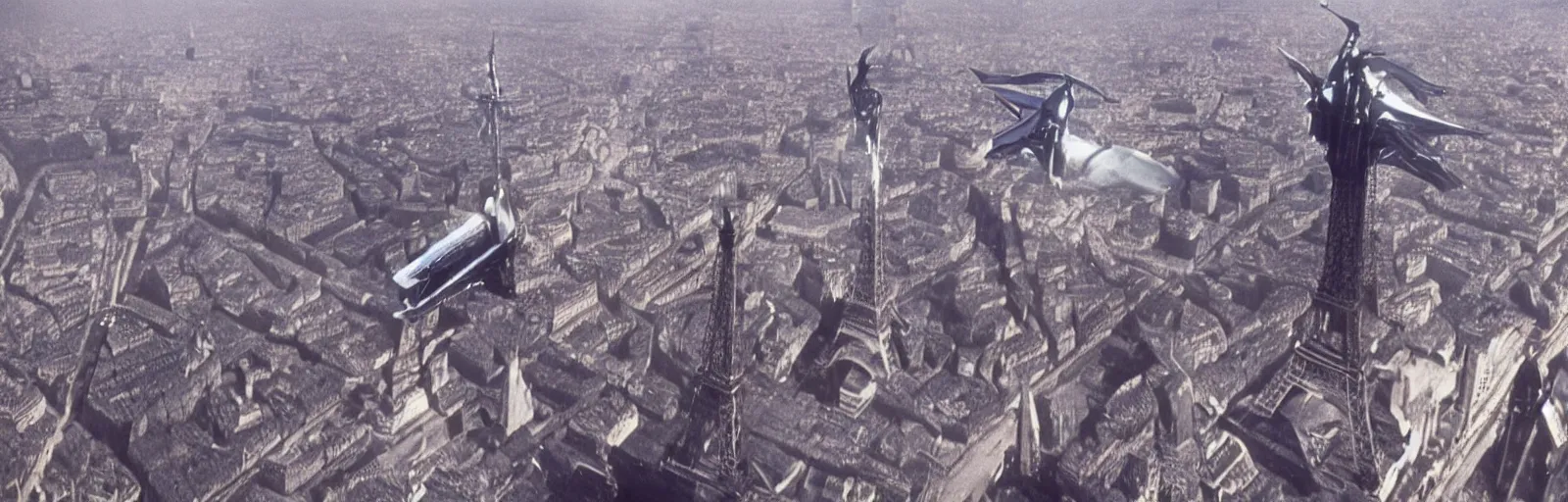 Prompt: Still from the 1969 movie MECHA-CONCORDE vs ROBO-EIFFEL the giant humanoid Eiffel Tower battles the swan-like superplane above the streets of paris-futur - starring ALAIN DELON - art direction by moebius hq production still technicolor