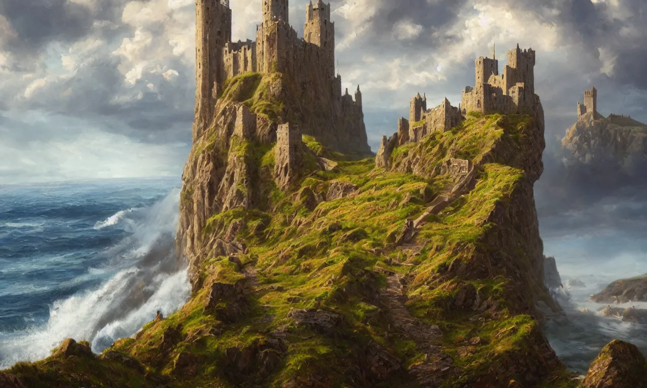 Prompt: Oil painting of medieval castles with tall towers on steep Irish cliffs by a brave ocean by James gurney and Greg Rutkowski and Peter Polach, ultra-detailed, 4k resolution, intricate, splash of waves, beautiful clouds, Ireland cliffs, Irish country side, trending on Artstation