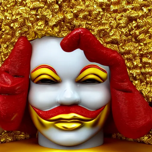 Image similar to A still of Ronald McDonald surrounded by gold and diamonds, Award-winning, photograph, 3d render, unreal engine, 4k detailed