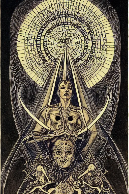 Image similar to occult diagram of the black sun, in the style of gustav moreau, goward, wayne barlowe,  Gaston Bussiere and roberto ferri, composition by austin osman spare