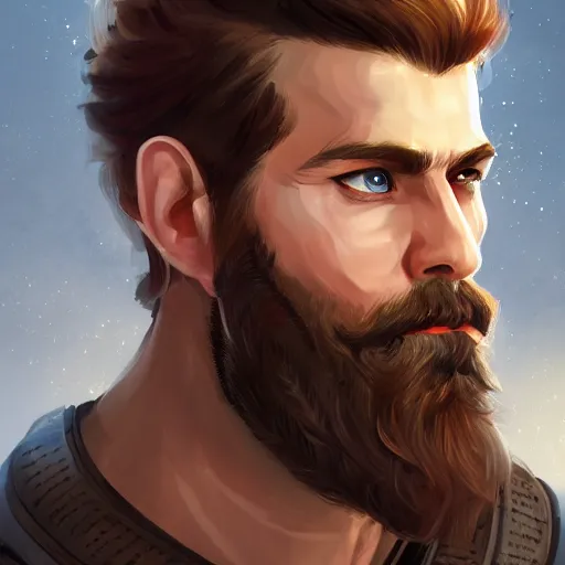 Image similar to portrait of a Germanic man with a beard and flight suit, D&D, sci-fi, elegant, hopeful, muscular, highly detailed, digital painting, artstation, concept art, smooth, sharp focus, illustration